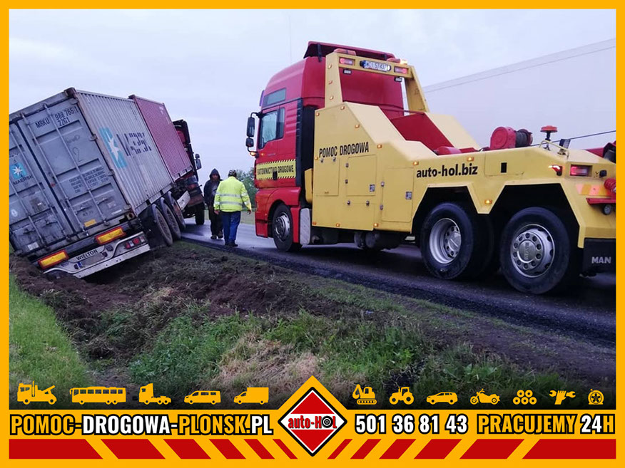 nasze holowniki TIR wyciągają samochody ciężarowe z poboca, rowu i zasp na terenie Płońska i okolic
